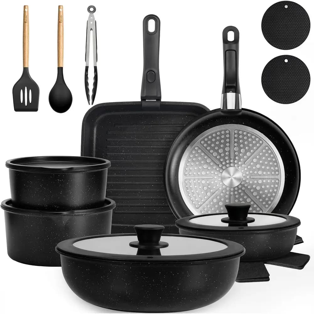 22 Pack Nonstick Pots and Pans Set, Detachable Handle, Kitchen Cooking Pans Set with Frying Pan, Grill Pan - Stackable or RV Kit