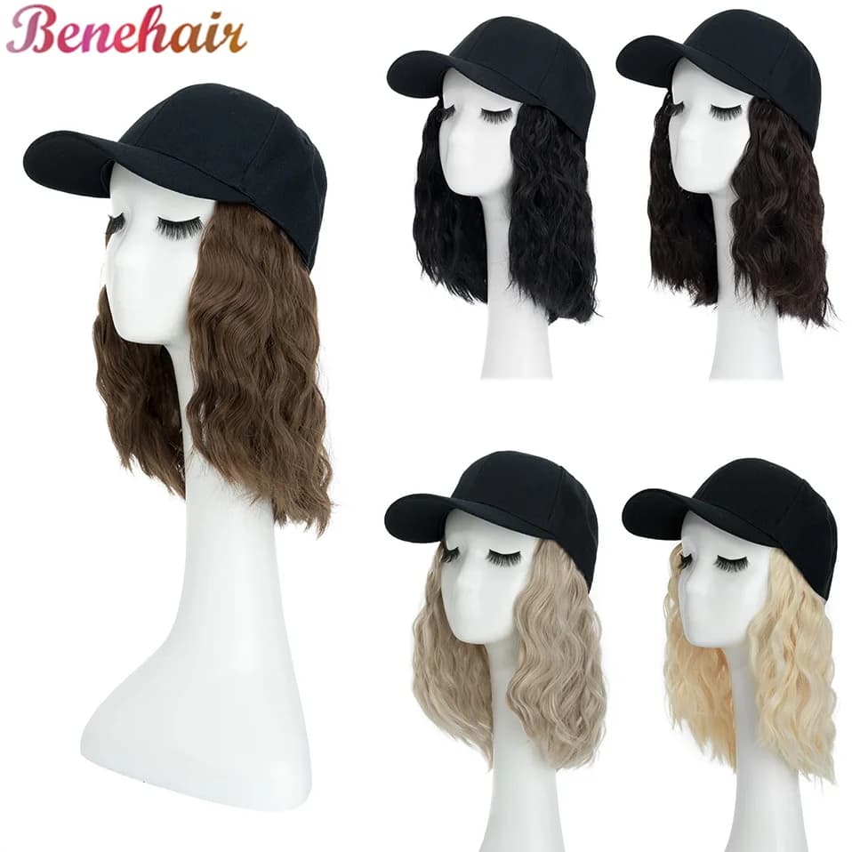 Parrucca da cappello Benehair per donna Parrucca da baseball ondulata da 8 pollici con estensioni dei capelli ricci Parrucca Parrucca da onda sintetica Cappello regolabile Marrone