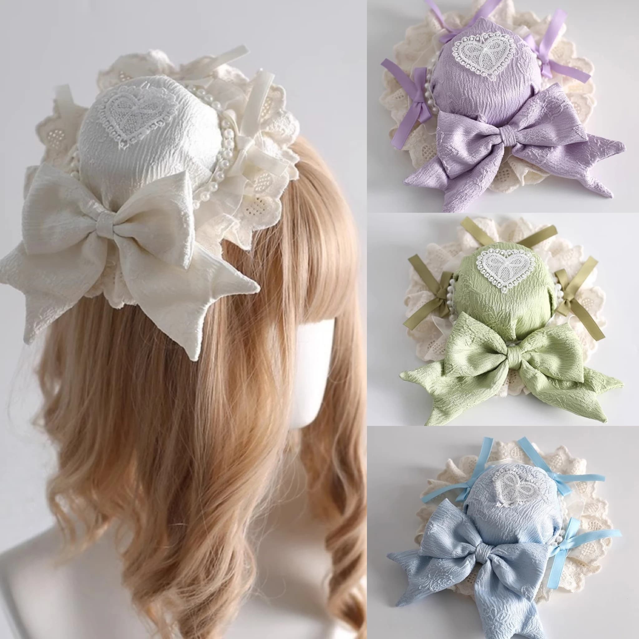 Multicolor Women Fishion Gothic Small Hat Lolita Sweet Lace Bow Flat Cap Blue Ballet Butterfly Heart KC Cosplay Hat