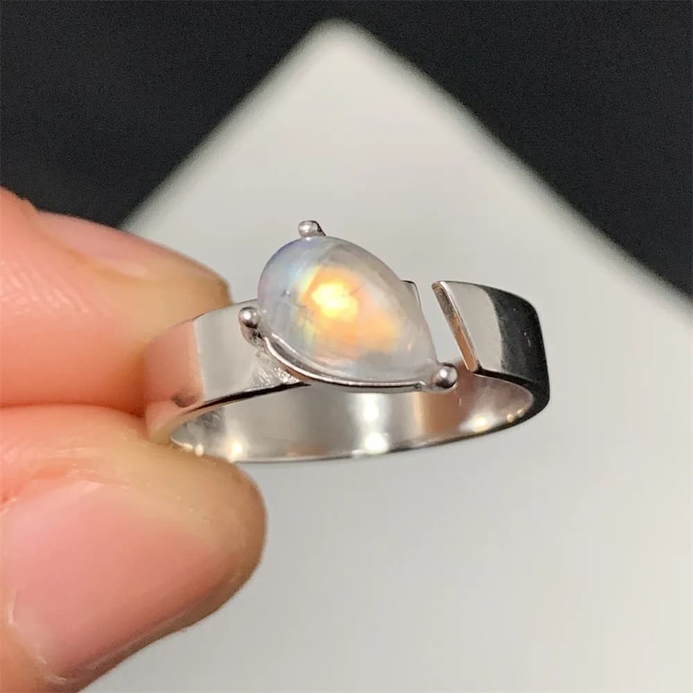 Anelli in Argento 925 con Pietra di Luna Naturale Colorata Arancione, a Goccia, Occhio di Cavallo, Blu Arcobaleno, Trasparente, con Perline di Pietra di Luna per Donna