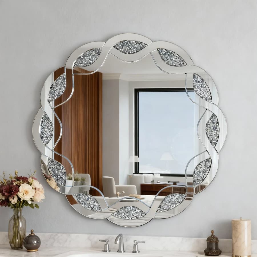 Specchio da parete rotondo con diamante Silver Crush Specchio decorativo con cornice ondulata da 31,5 pollici per soggiorno, bagno, camera da letto, corridoio, Heavy Du