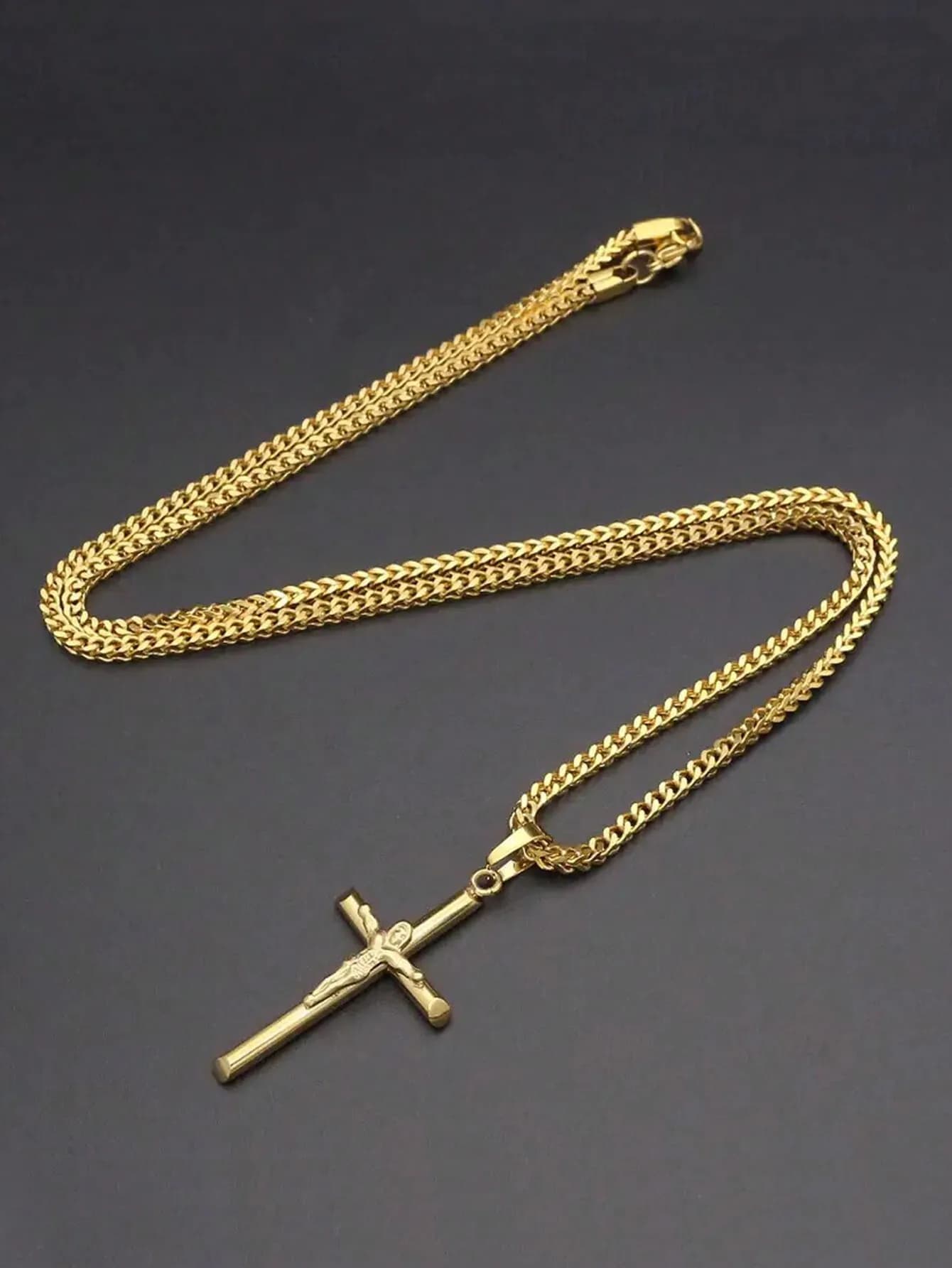 1pc Classic Stainless Steel Jesus Pendant Necklace With Cross Decoration,60cm Long Square Link Chain, Suitable For Men And Women To Wear On Daily Basis