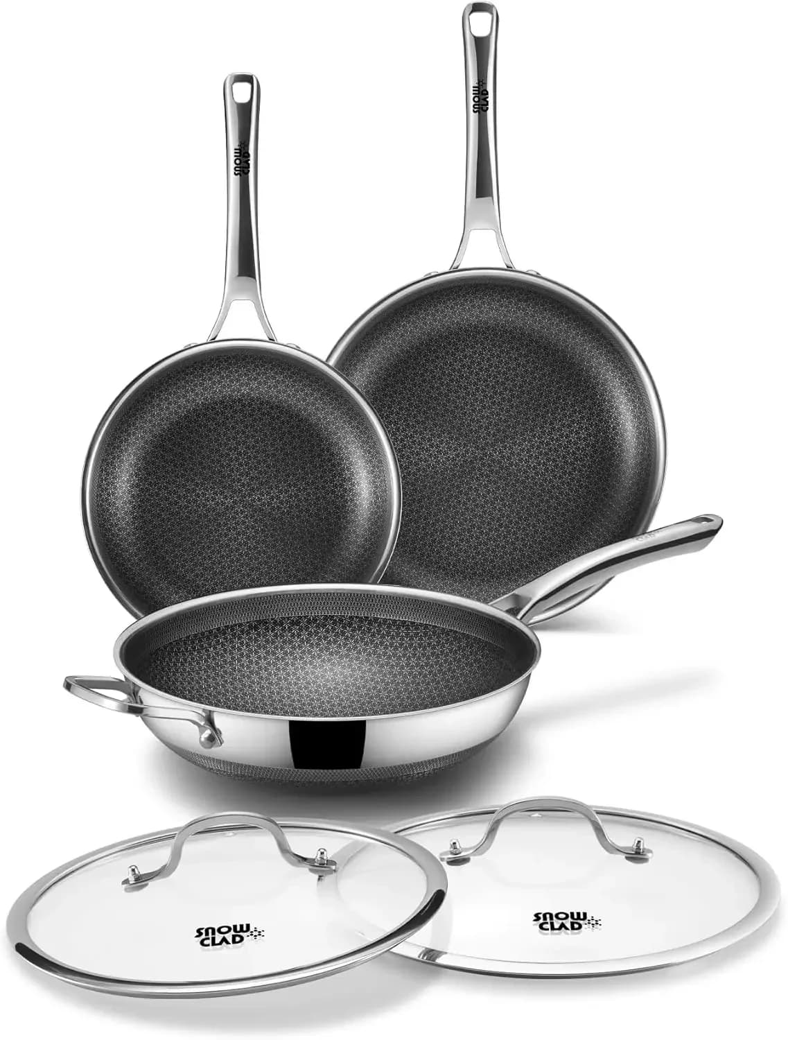 3 piece stainless steel hybrid pot set - 12 inch Wok with lid, 10 inch pan, 12 inch pan with lid - Non-stick, without PFOA