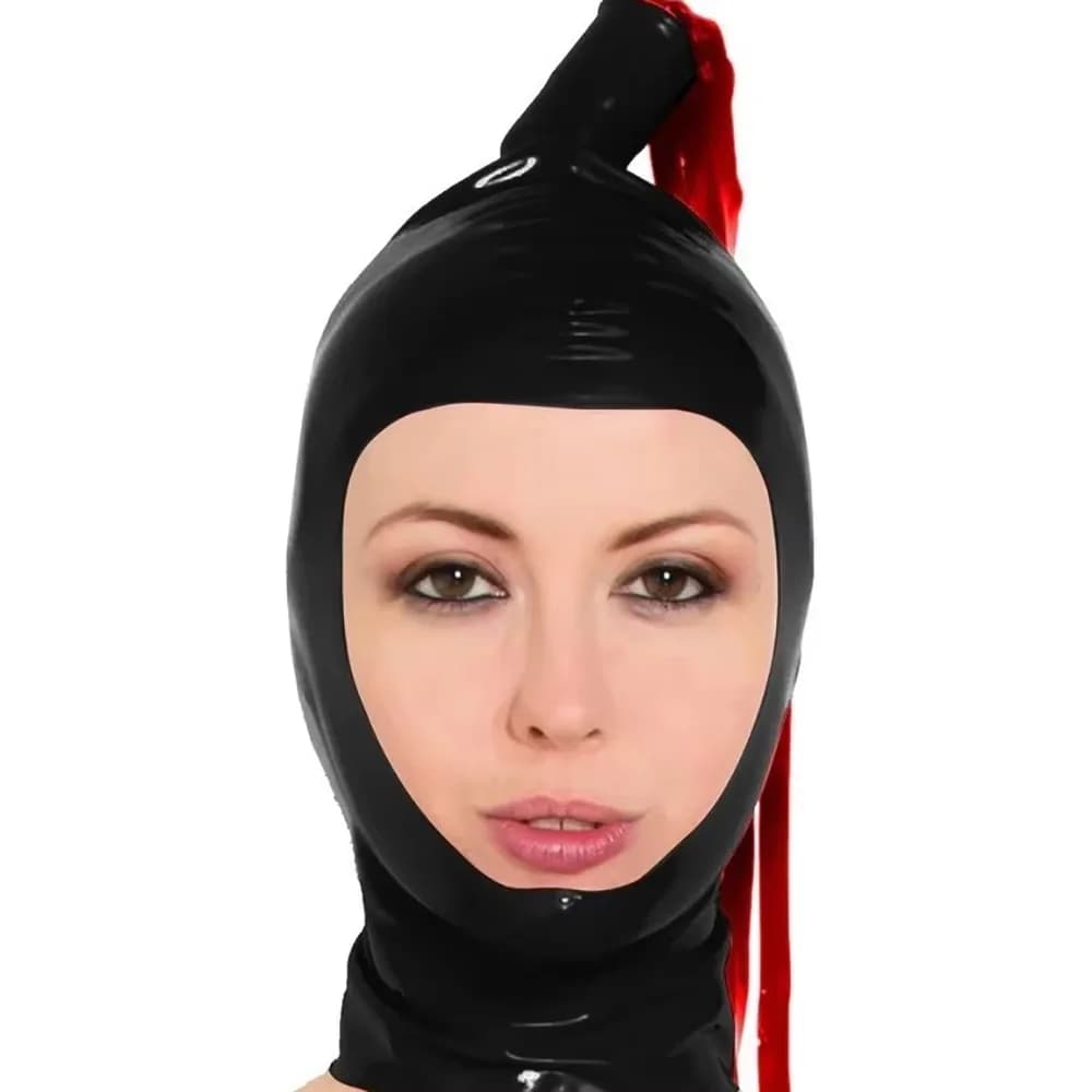 Cappuccio in lattice nero con parrucche a coda di cavallo in lattice Maschera in gomma a faccia aperta Puntelli cosplay Halloween