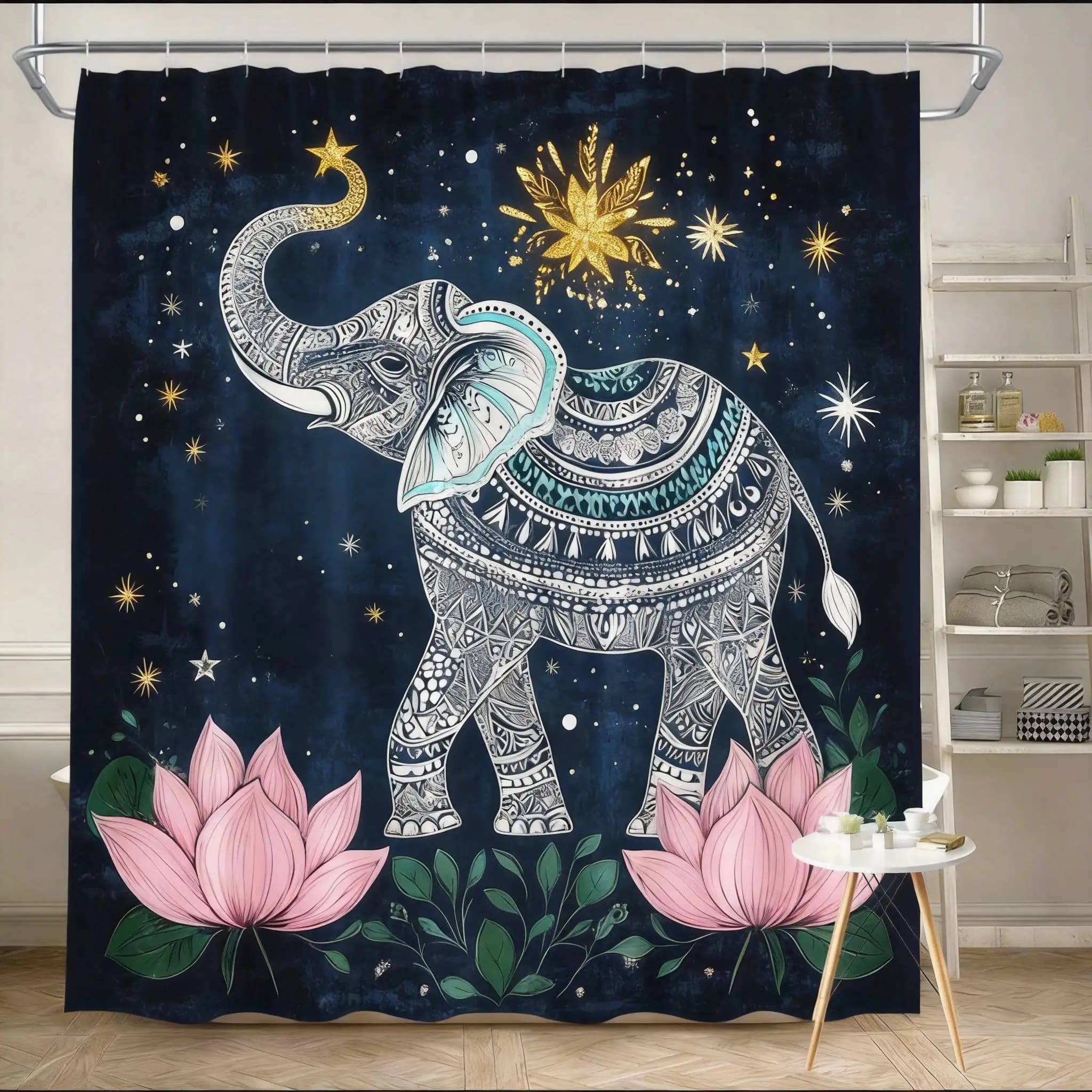 Tenda da doccia Mandala 180x180 cm – Elefante e loto in turchese, decorazione da bagno spirituale boho, 12 ganci