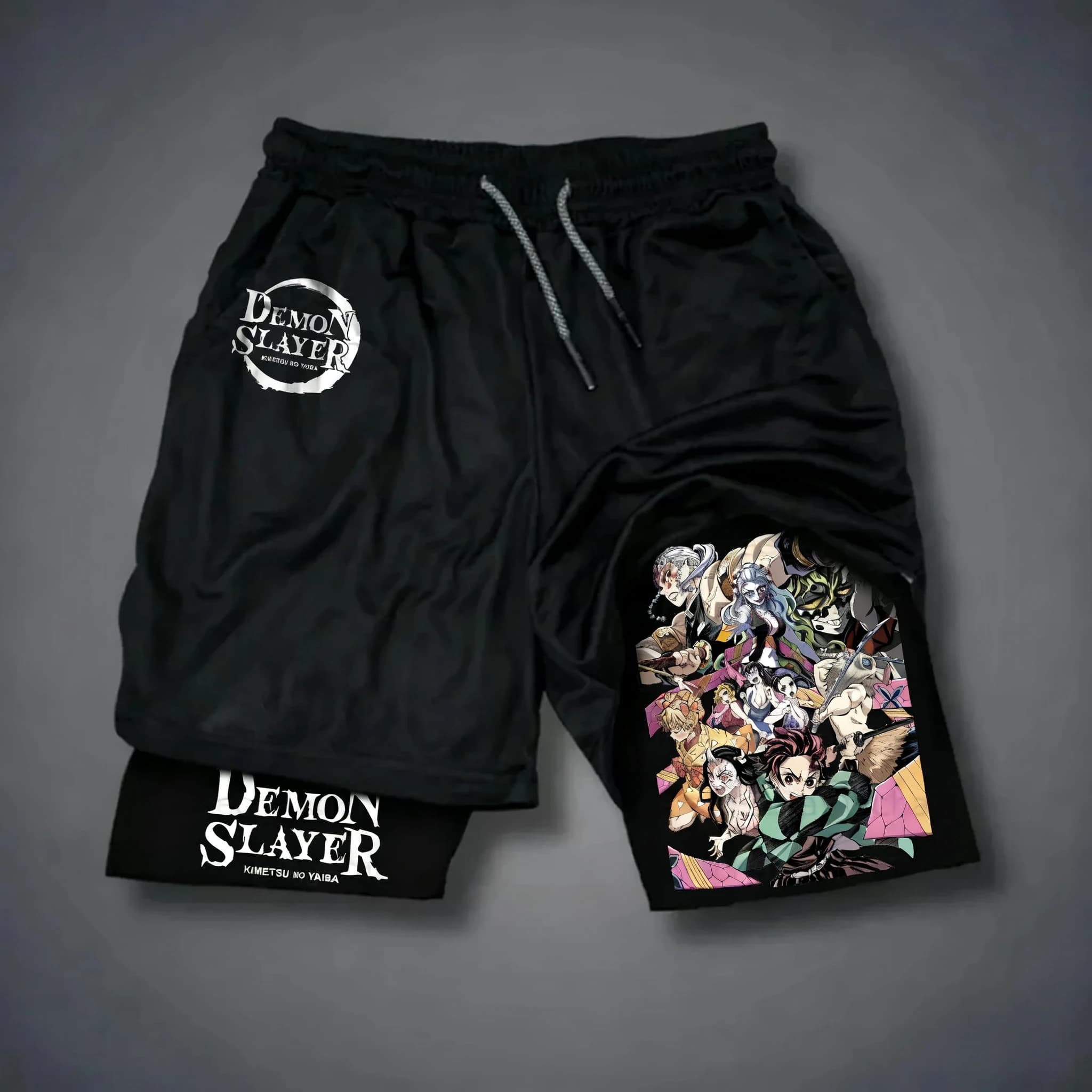2-in-1 Sports Shorts by Men Demon Slayer Co-Branded 2026, New Summer Shorts 2025 with Fashion Anime Print for Fitness and Swimming