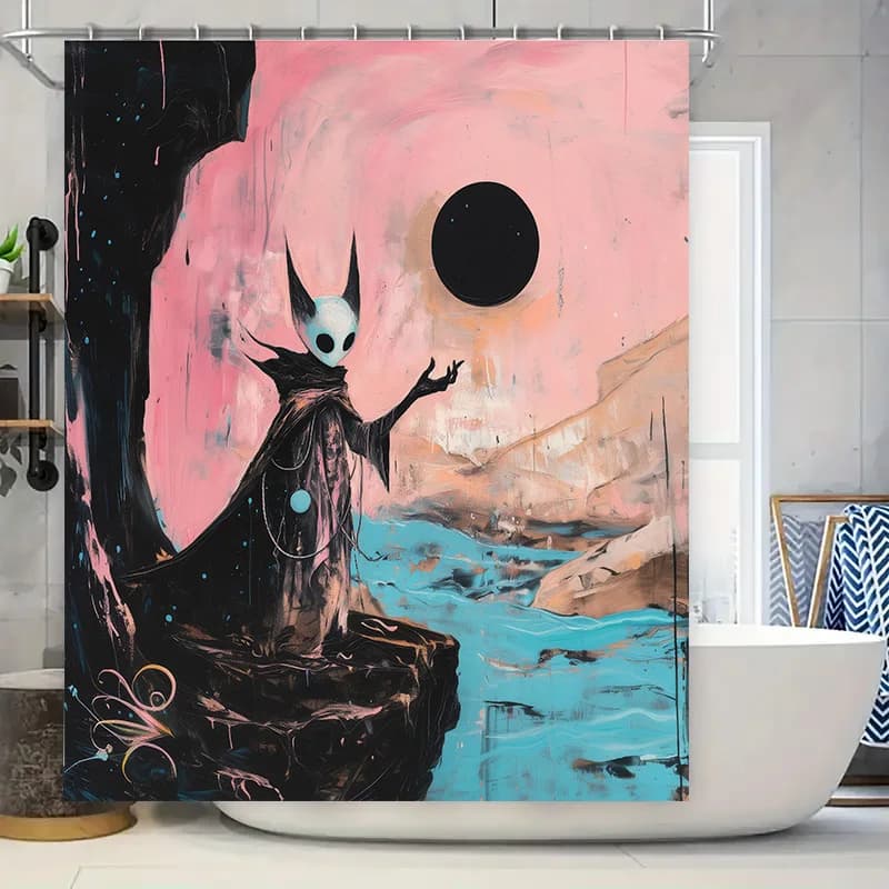 Elegante tenda da doccia artistica rosa al chiaro di luna per bagni moderni Accessori decorativi perfetti per il bagno in stile acqua dell'oceano blu
