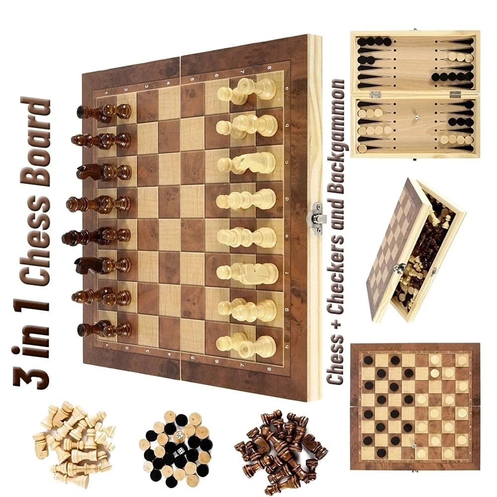 Set da gioco 3 in 1, scacchi, dama, backgammon, gioco con i dadi, portatile, per viaggi e feste