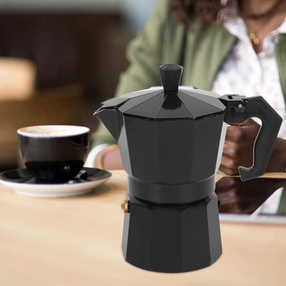 Caffettiera Portatile in Alluminio da 150ml, Nera, per 3 Tazze, in Lega di Alluminio, per Preparazione Espresso, Uso Domestico