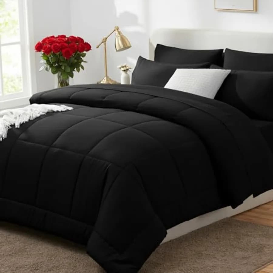 Set Copripiumino Nero 7 Pezzi - Set Letto Completo con Copripiumino Trapuntato per Tutte le Stagioni, Lenzuolo Piatto, Lenzuolo con Angoli e Cuscini