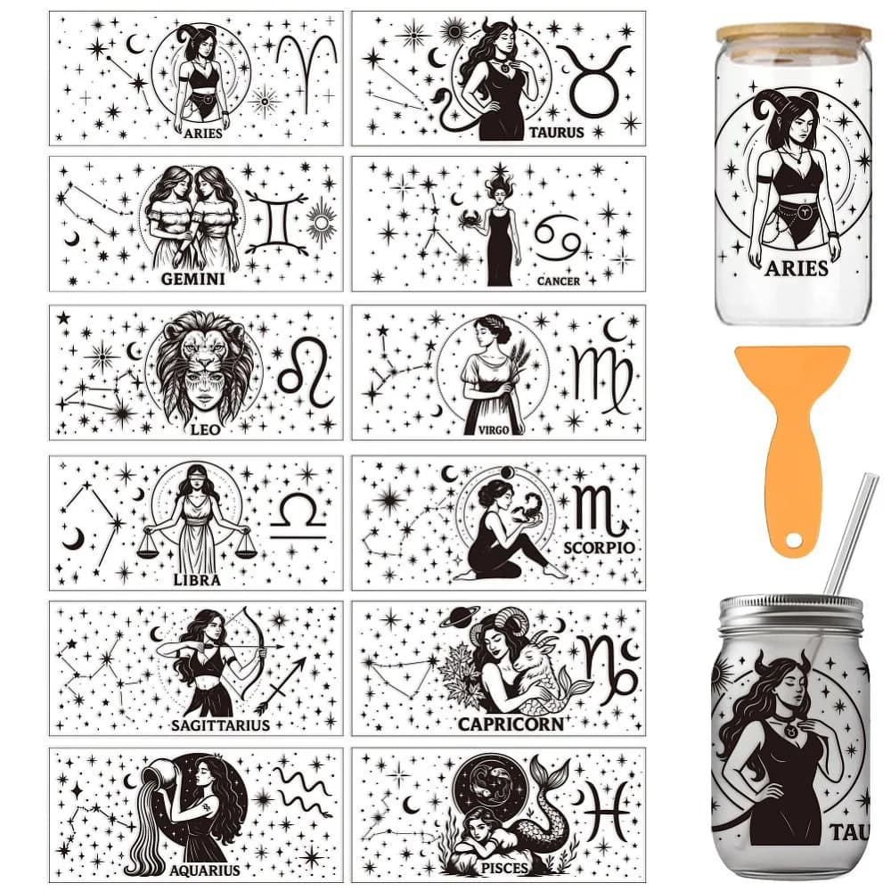 PVC DIY Heat Transfer Paper for UV Sublimation Cup Constellation 110x240mm 12 style 1pc/style 12pcs/set