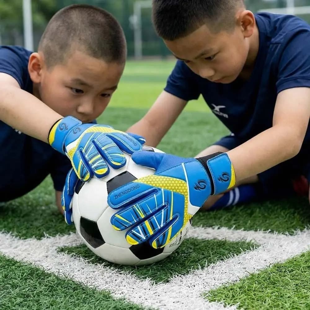1 paio di guanti da calcio per bambini in lattice a doppia faccia, guanti da portiere antiscivolo, guanti da portiere a doppio strato, traspiranti sul polso