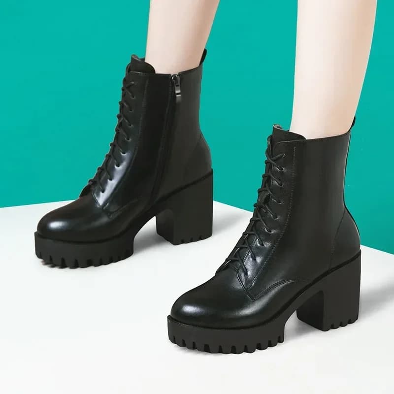 8cm Small Size 32-43 All Match Comfortable Soft Leather Boots Fall Winter Shoes 2025 Block High Heels Ankle Boots Office Model