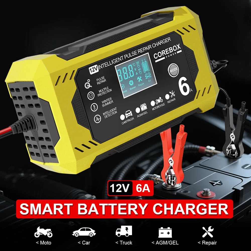 Caricabatterie 6A 12V adatti per celle di stoccaggio per motociclette per barche Manutenzione batteria per barche a motore Caricabatterie per auto per riparazione a impulsi intelligenti