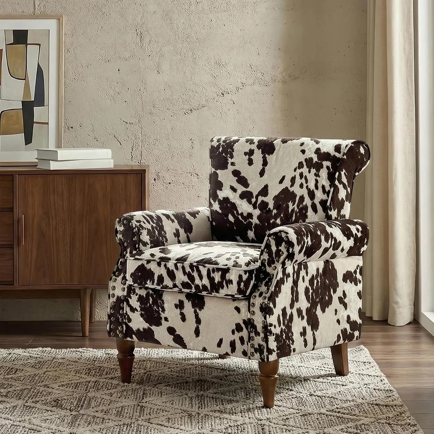 Poltrona Wingback Floreale con Gambe in Legno, Cuscino Rimovibile, Finitura con Borchie, Poltrona da Lettura per Soggiorno e Camera da Letto, Personalizzabile
