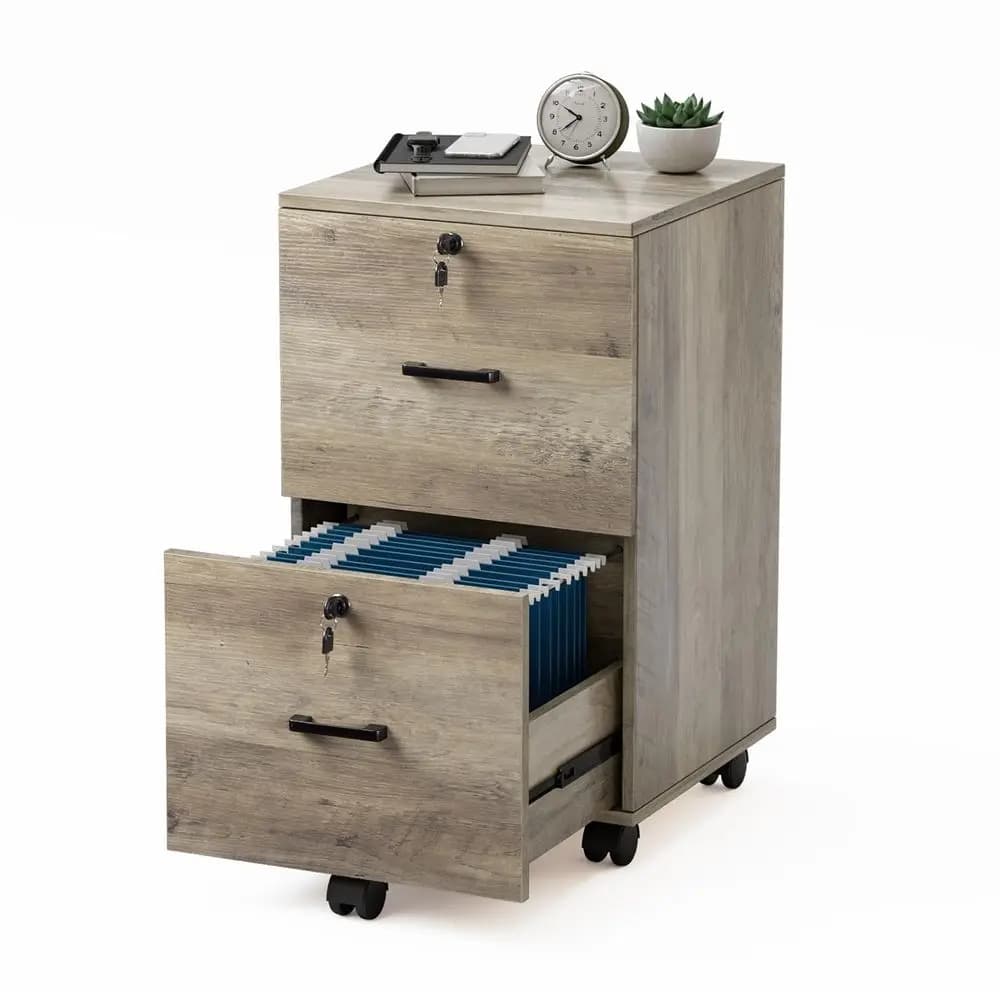 Cassettiera a 2 cassetti con serratura, mobiletto portadocumenti in legno grigio rustico per cartelle formato Letter con linguette, mobiletto portadocumenti con ruote da sotto scrivania
