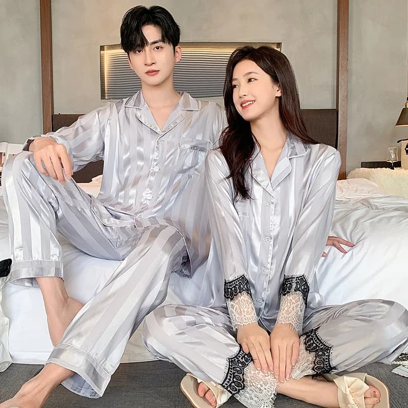 Coppia Pigiama Vestito Donna Maschio Seta del Ghiaccio a maniche lunghe Indumenti da notte Estate High-end Pigiama Primavera Autunno Uomo Donna Pigiama a righe