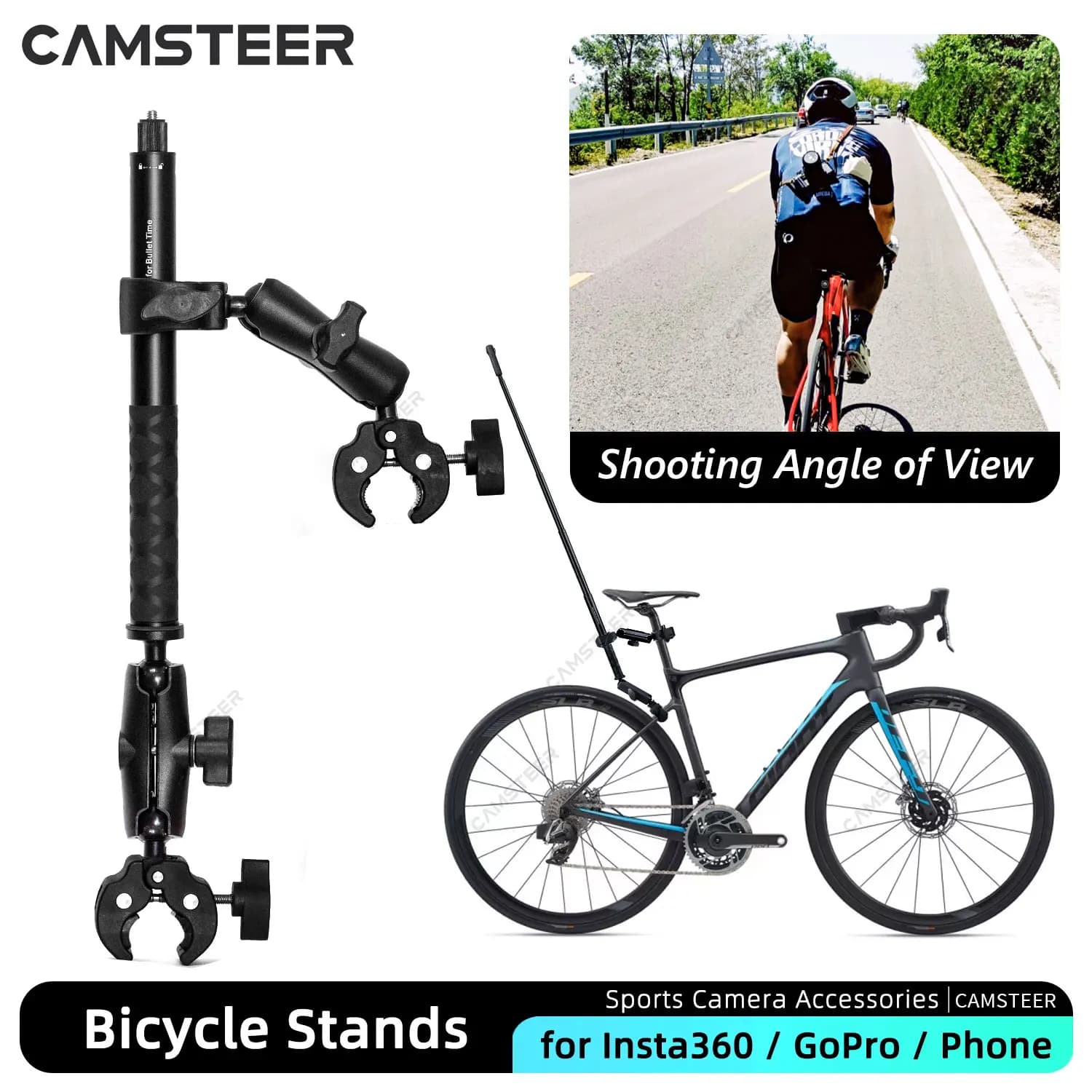 Camsteer Supporto per morsetto per fotocamera Selfie Stick per bicicletta per GoPro 12 Insta360 X3 DJI Bike Tracking Shooting Accessori per staffa monopiede