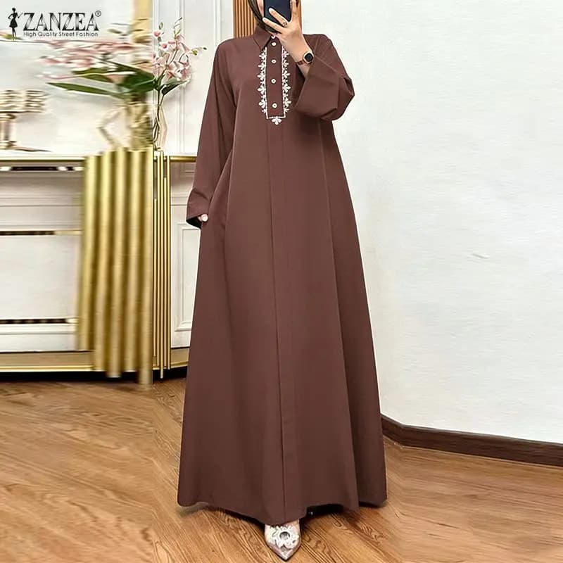 Fashion Muslim Dress 2026 ZANZEA, Long Dress with Long Sleeves Lunghe and Floral Embroidery for Women, Islamic Casual Dress, Dubai Caftano, Hijab Dress