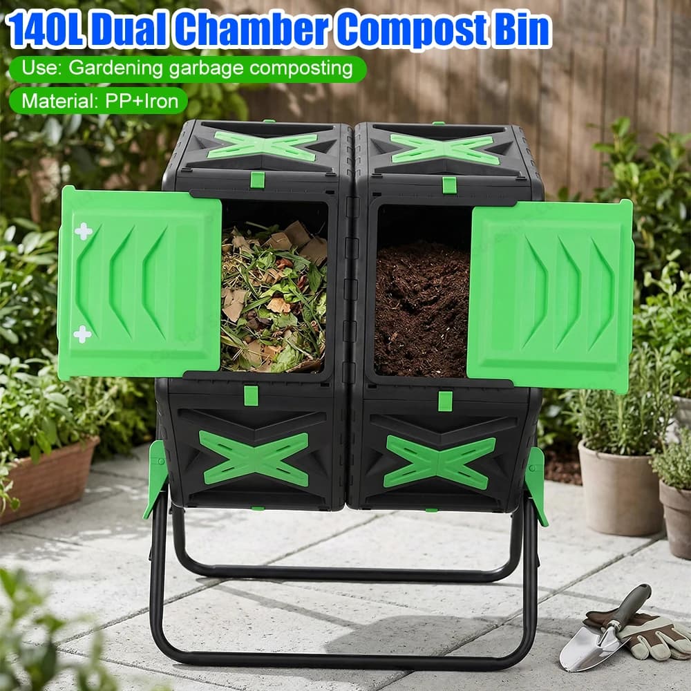 Compostiera da Esterno a Doppia Camera da 140L con Porta Scorrevole, Facile da Montare per Cucina, Giardino, Cortile e Patio