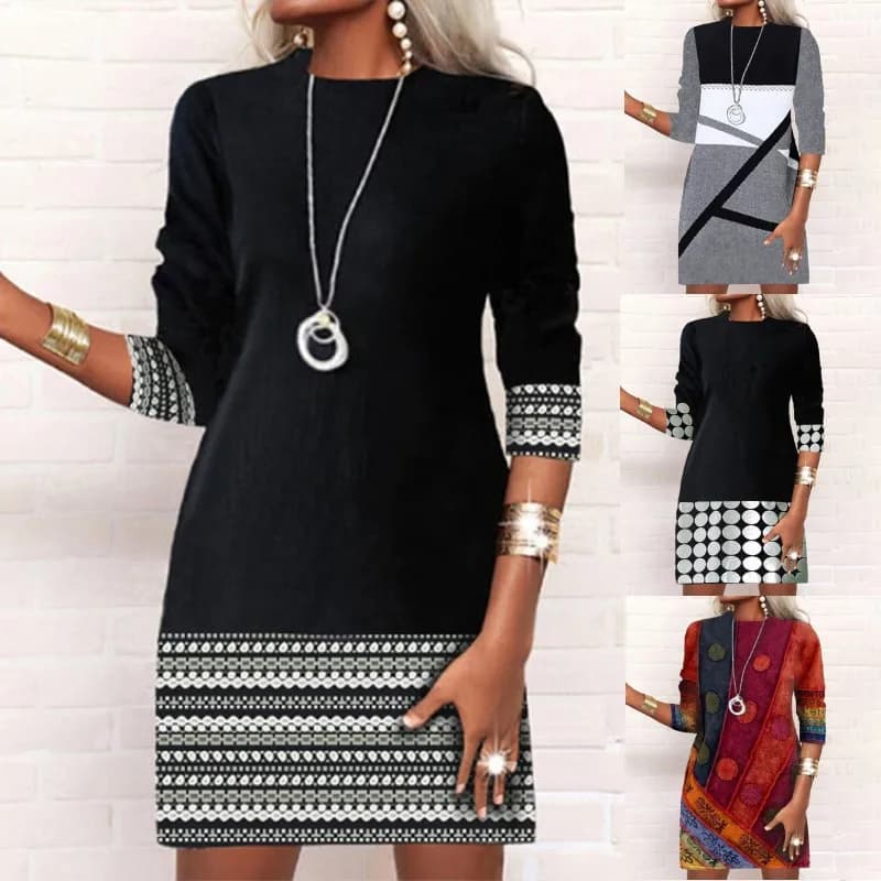 Moda O-Collo Manica Lunga Mini Vestito Delle Donne 2024 Autunno Casual Stampa Sottile Ufficio Abiti da Donna per Le Donne Veste Femme