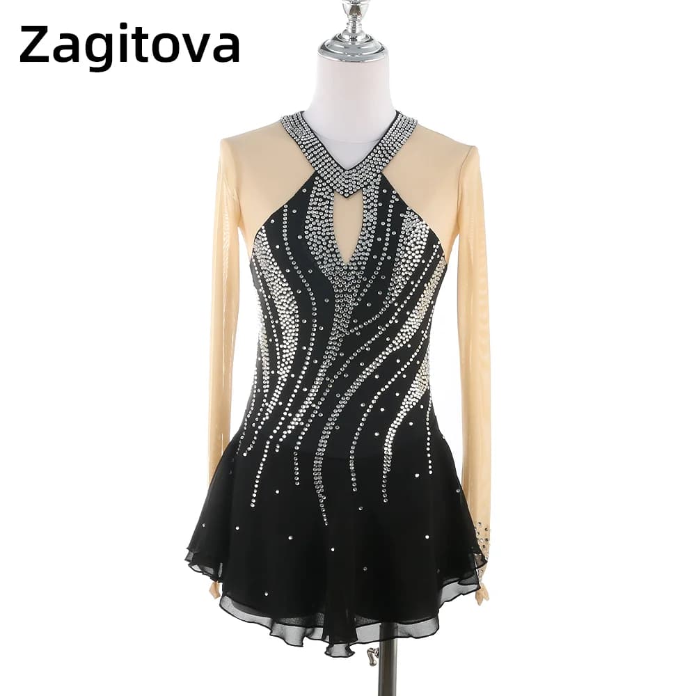 ZAGITOVA Abito da pattinaggio di figura nero Gonna da pattinaggio su ghiaccio a maniche lunghe Gonna da competizione in rete con diamanti lucidi per ragazze da donna
