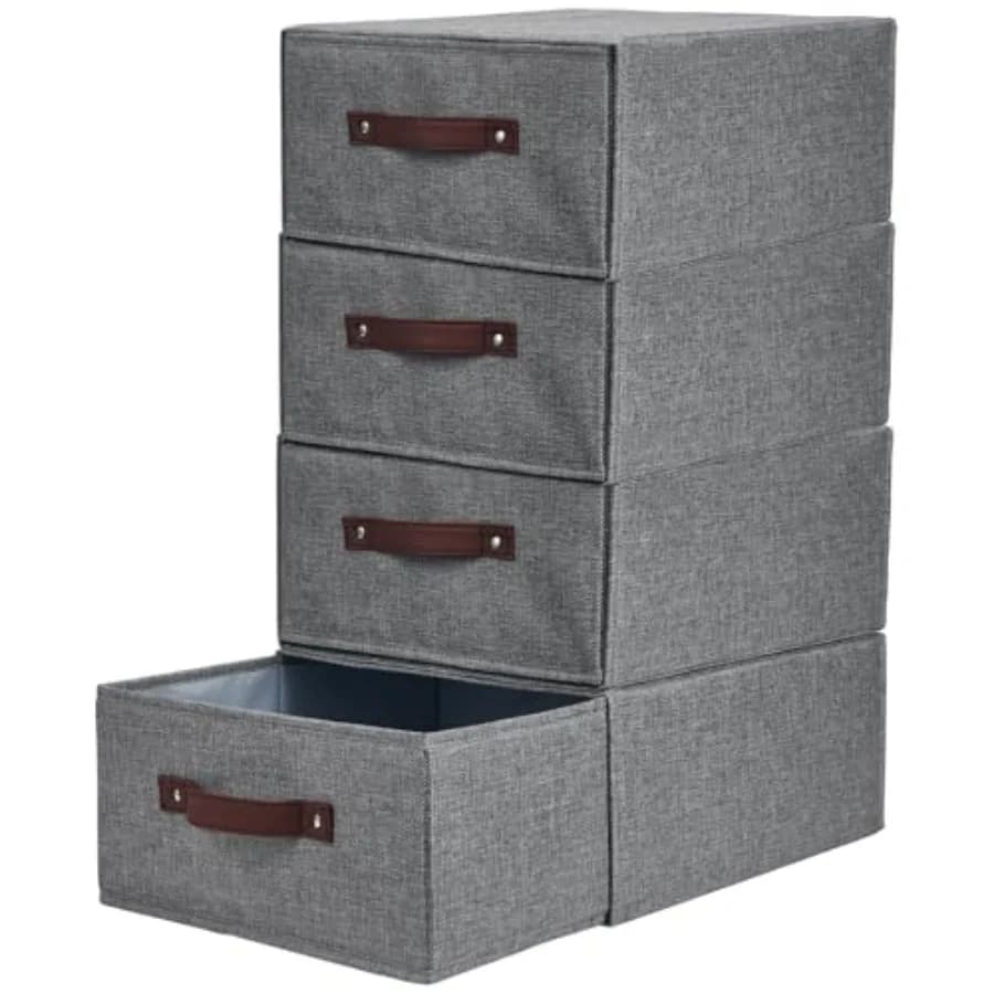 Set di 4 Organizzatori per Cassetti, Contenitori Impilabili in Tessuto con Coperchio, Manici in Pelle PU, Pieghevoli e Lavabili, in Cotone L