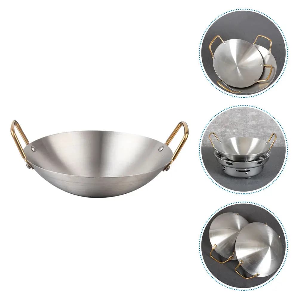 Stainless Steel Dry Pot Double Ears Cooking Pan for Household Hot Pot Stir Fry Griddle Stove Camping Cookware Kitchen Supply