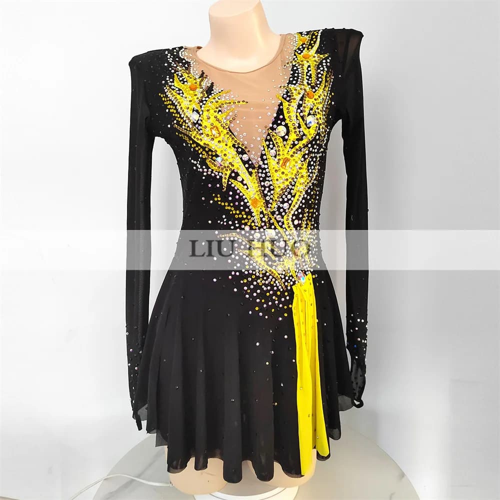 LIUHUO Danza sul Ghiaccio Pattinaggio di Figura Vestito Donna Ragazza Adolescente Personalizza Costume Prestazioni Competizione Body Roller Nero Giallo Bambini