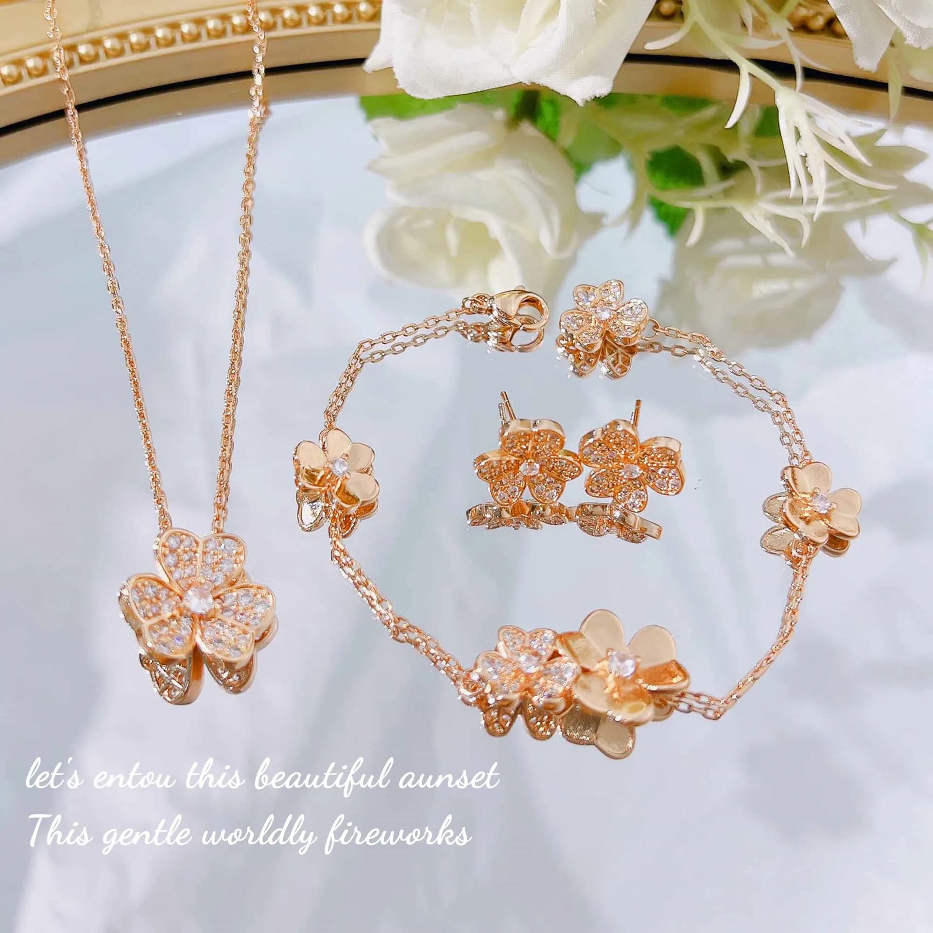 S925 Sterling Silver Necklace Bracelet Stud Earrings Classic Lucky Clover Pendant Full of Diamond Petals Flower Earrings Women