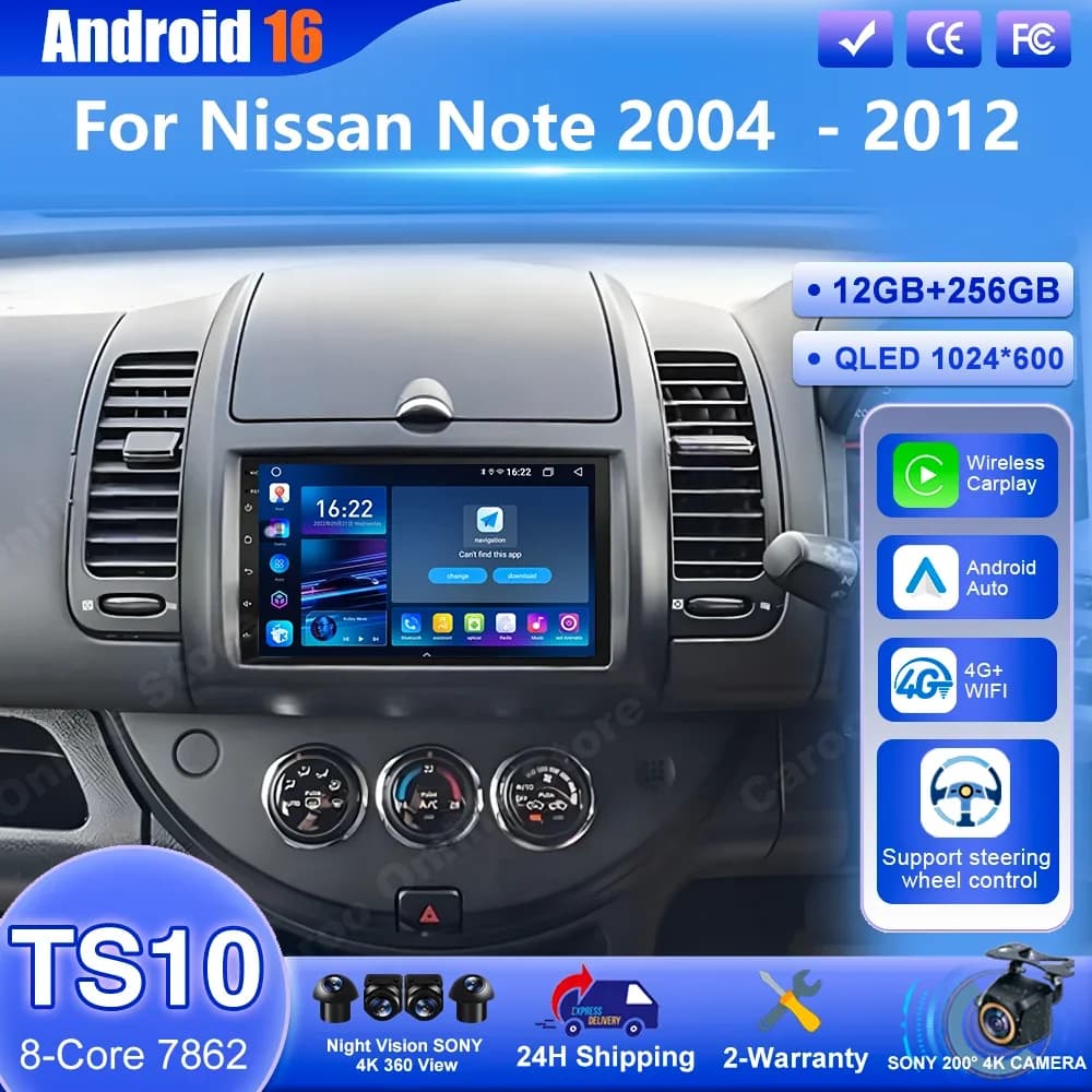 Android 16 per Nissan Note 2004 - 2012 Autoradio DVD Carplay Lettore Multimediale Stereo GPS Navigazione Auto 4G WIFI Touch Screen