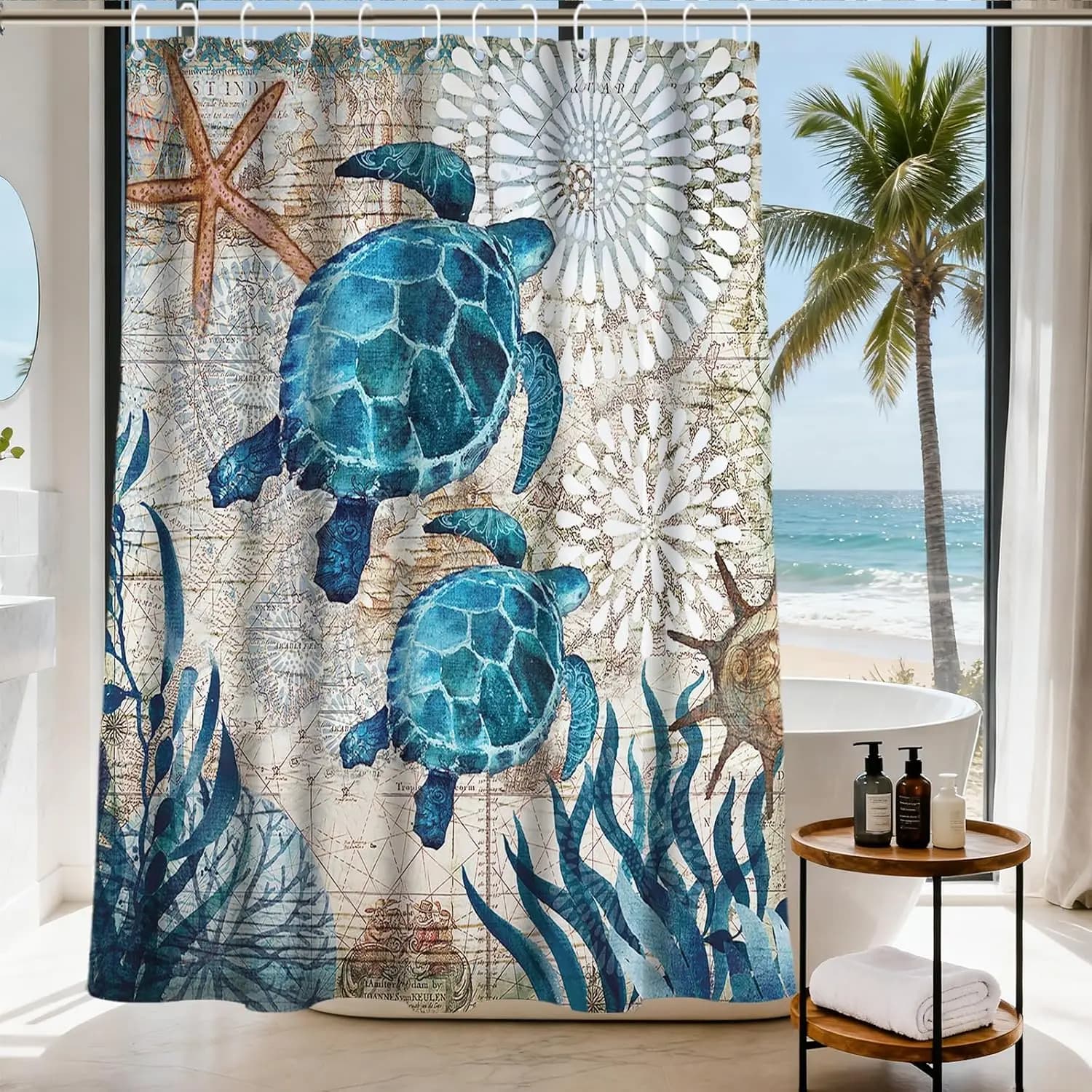 Set di tende da doccia in tessuto a tema spiaggia con tartarughe marine verdi nautiche, con occhielli e ganci - 72 x 72 pollici, decorazione oceano blu acquamarina