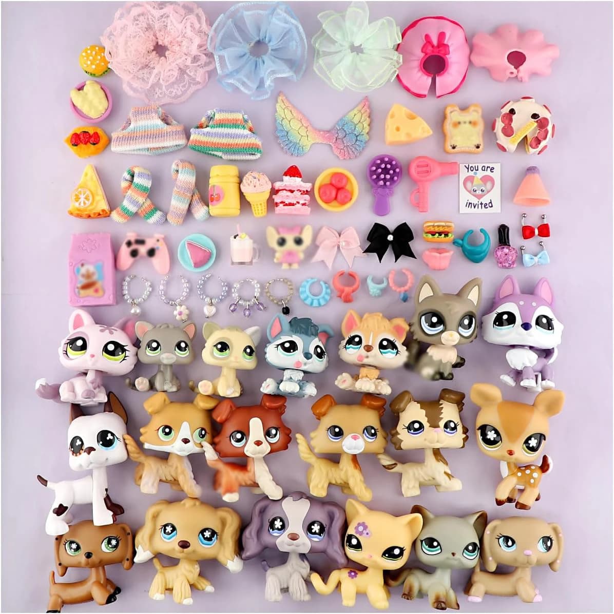 Minilpsshop Set di Giocattoli Carini, 3 Pezzi Assortiti e Accessori, Collie, Gatto, Cane, Animali Domestici da Collezione Rari per Bambini, per lps