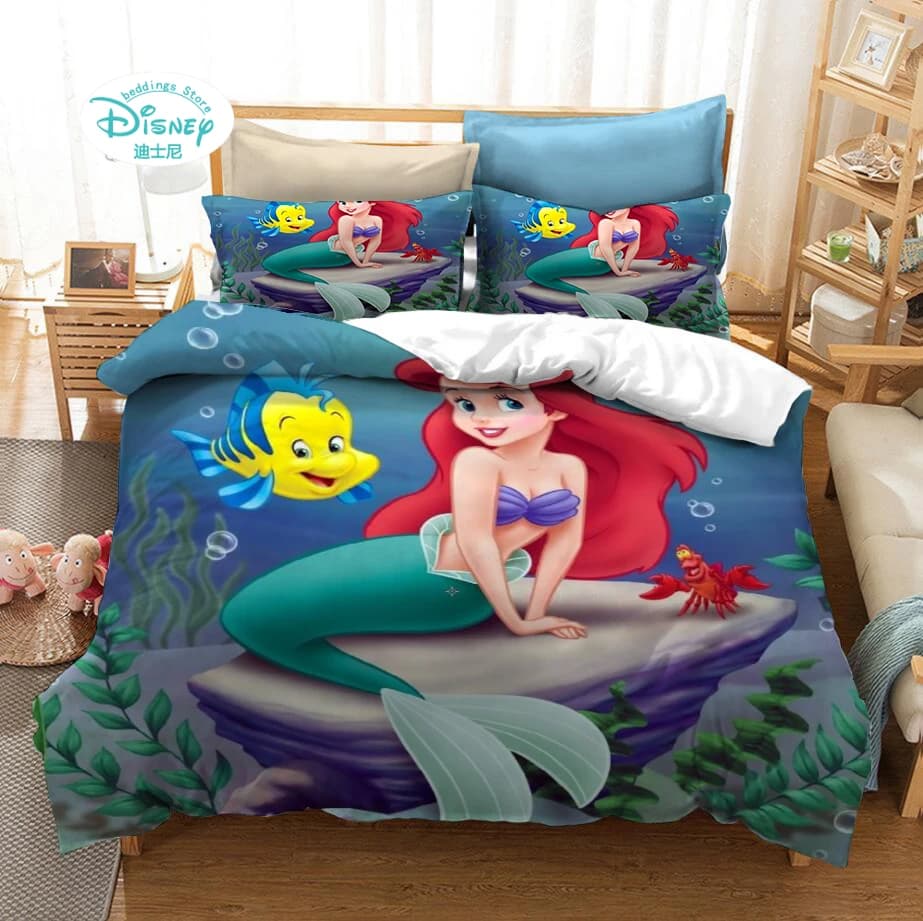 Set di biancheria da letto stampata Disney Cartoon Little Mermaid Ariel per bambini e ragazze, set copripiumino per la decorazione della camera da letto
