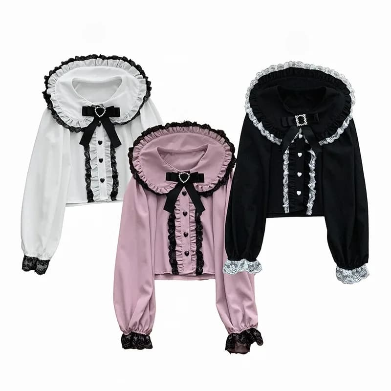 Sweet Lace Blouse Long Sleeve Patchwork Women Top Women Japanese Y2k Harajuku JK Bow Peter Pan Collar Kawaii Cute Style Shirt