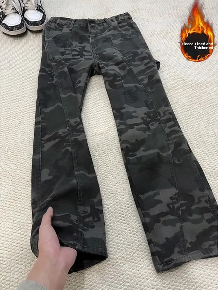Pantaloni da Lavoro Americani Mimetici da Uomo, Jeans Invernali in Pile a Vita Bassa con Chiusura a Cerniera, Modello Svasato e Spesso, Stile High Street