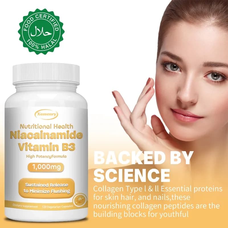 Niacinamide supplement capsules of vitamin B3, benefits for skin, Nad, energy, metabolism