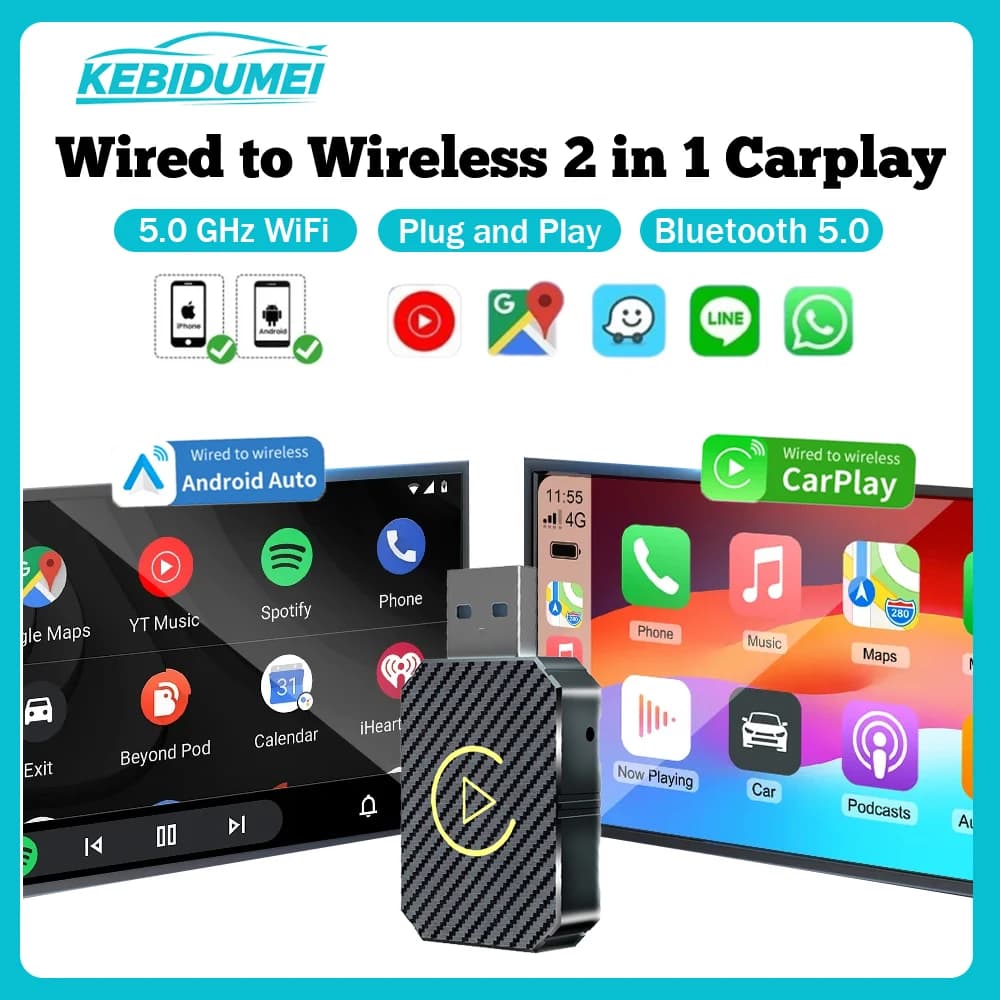 KEBIDUMEI Wired A Wireless Carplay 2IN1 Auto AI Box Plug & Play Smart Dongle Android Auto WiFi 5.0GHz Bluetooth 5.0 Mini Adattatore