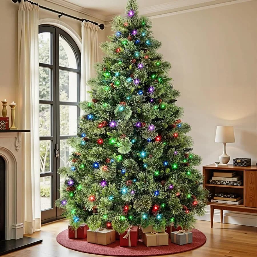 Albero di Natale in pino Carolina artificiale preilluminato da 7 piedi con telecomando Versione aggiornata con pre-illuminazione 500 RGB bianco caldo