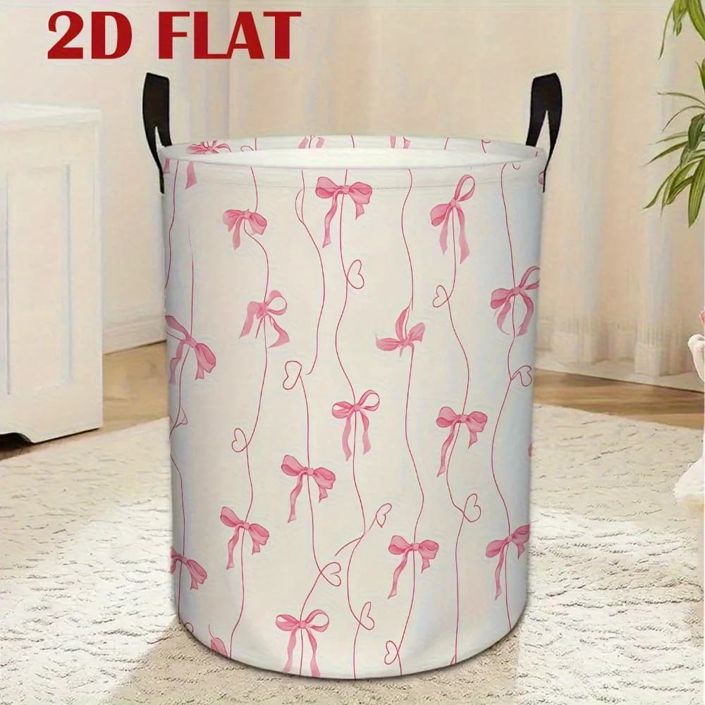 Pink Bow Heart Patterned Dirty Laundry Basket Made of Polyester, Ideal for Storage Portable And Foldable Large Capacity