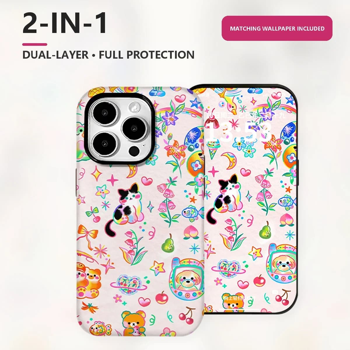 Cute Kawaii Doodle Pattern Phone Case for iPhone 17 16 15 14 Pro Max Plus Mini iPhone Air 2-in-1 Dual-Layer PC TPU Cover