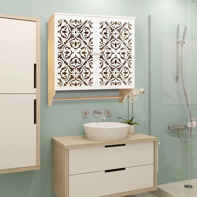 Armadietto da parete per bagno con portasciugamani, armadietto salvaspazio per WC, montaggio a parete in legno per lavanderia, soggiorno, cucina
