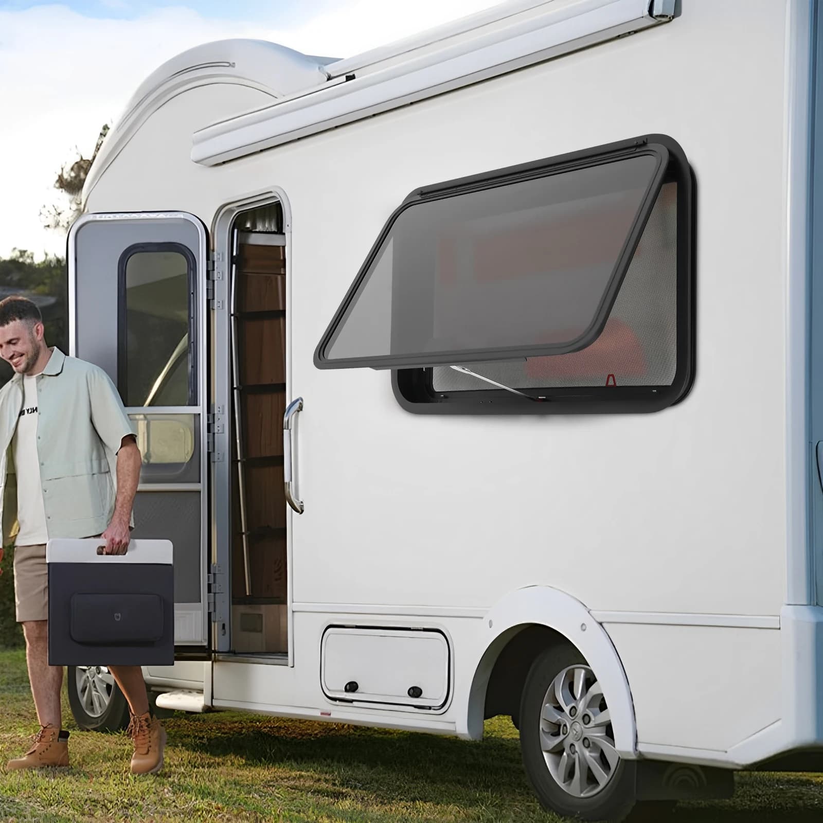 Modern replacement of the exit window for rectangular motorhome with coating ring and window for motorhome push-out glass for vehicles, trailers