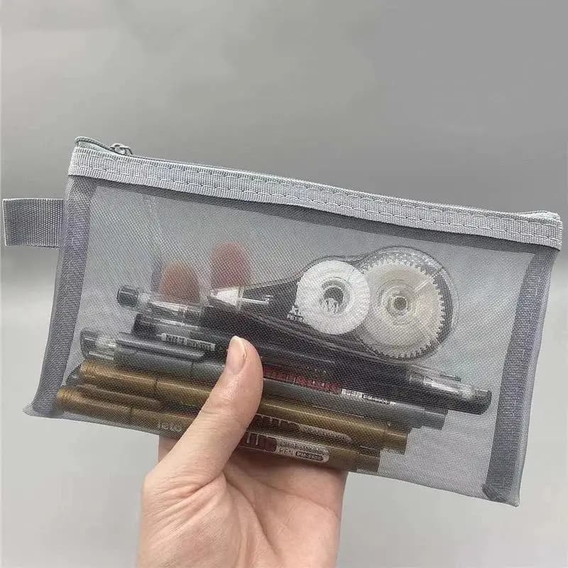 3 Pack Mesh Pencil Case Large Capacity Foldable Nylon Zip Pouch Portable Stationery Organizer for Travel Office School