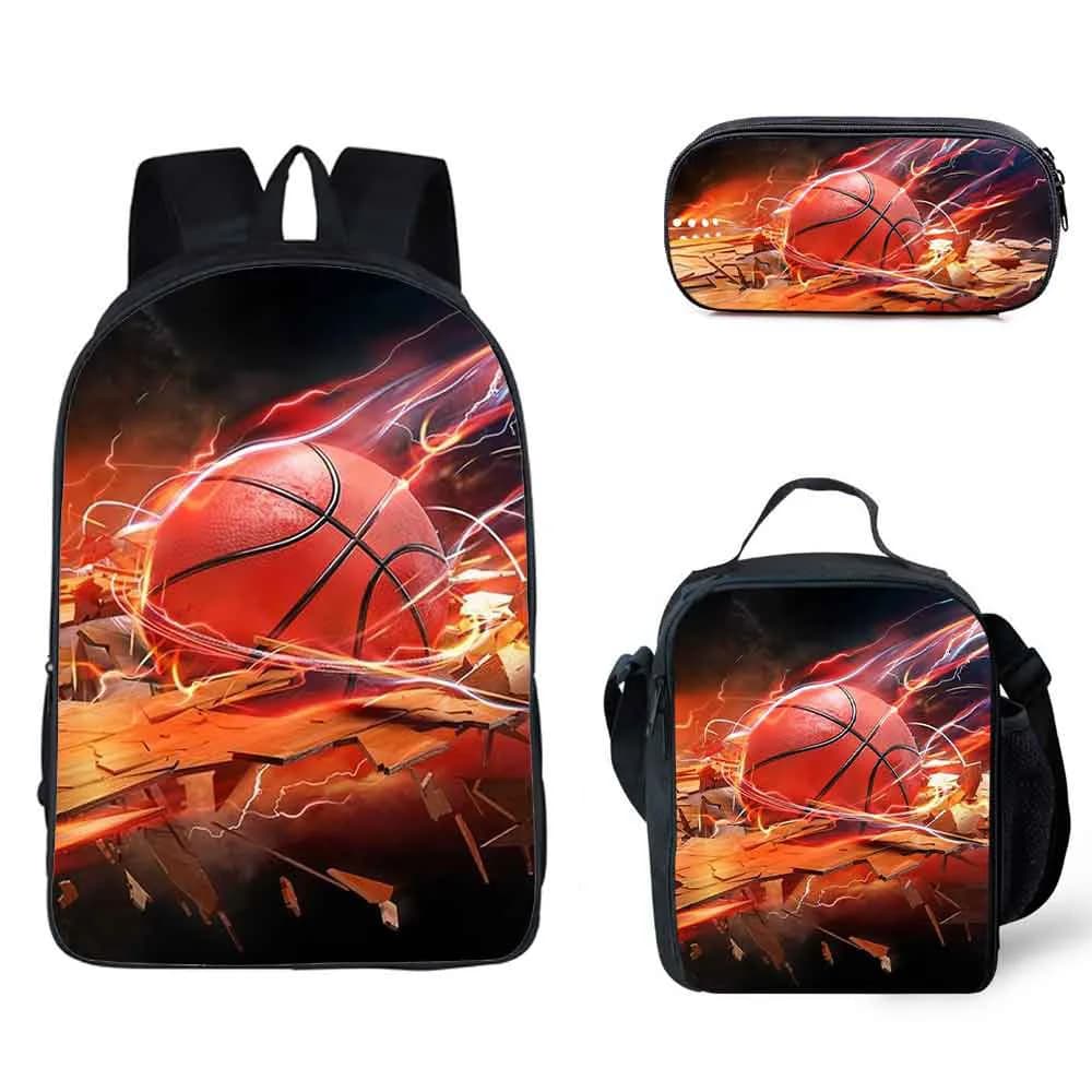 Harajuku Youthful Novelty Fire Basketball 3D Print 3pcs/Set Student Travel bags Laptop Daypack Backpack Lunch Bag Pencil Case