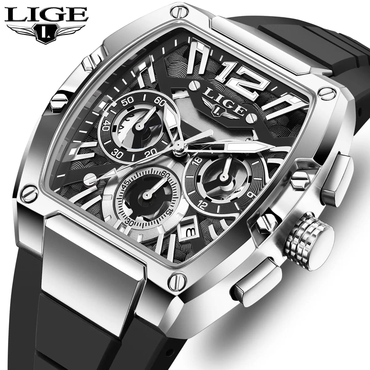 LIGE Fashion Mens Watch Military Luminous Chronograph Date Quartz Wristwatch Waterproof Silicone Strap Sports Watches for Men