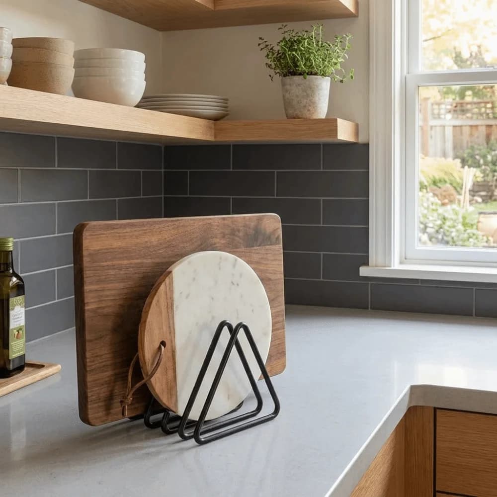 Iron Cutting Board Storage Rack Triangular 4-Slot Pot Lid Storage Rack Space Saving Rust-proof Chopping Board Stand