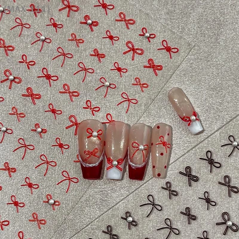 【MAX111-M3】Adesivi per Unghie con Mini Fiocchi e Perle - Decorazioni Adesive Bianche, Nere e Rosse per Manicure Fai-da-Te