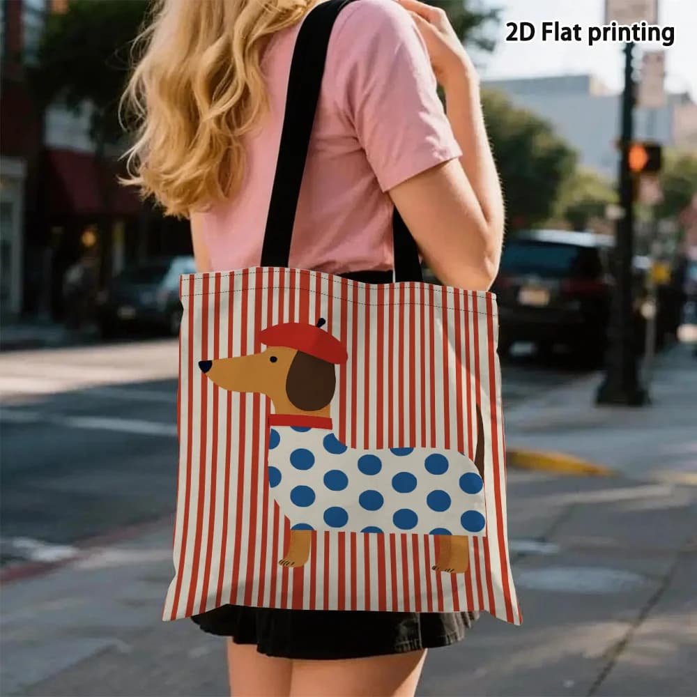 Borsa tote Polka Dog da 1 pezzo, adatta per lo shopping, la spesa, la spiaggia - Borsa in poliestere resistente con stampa a trasferimento a caldo su entrambi i lati, riutilizzabile