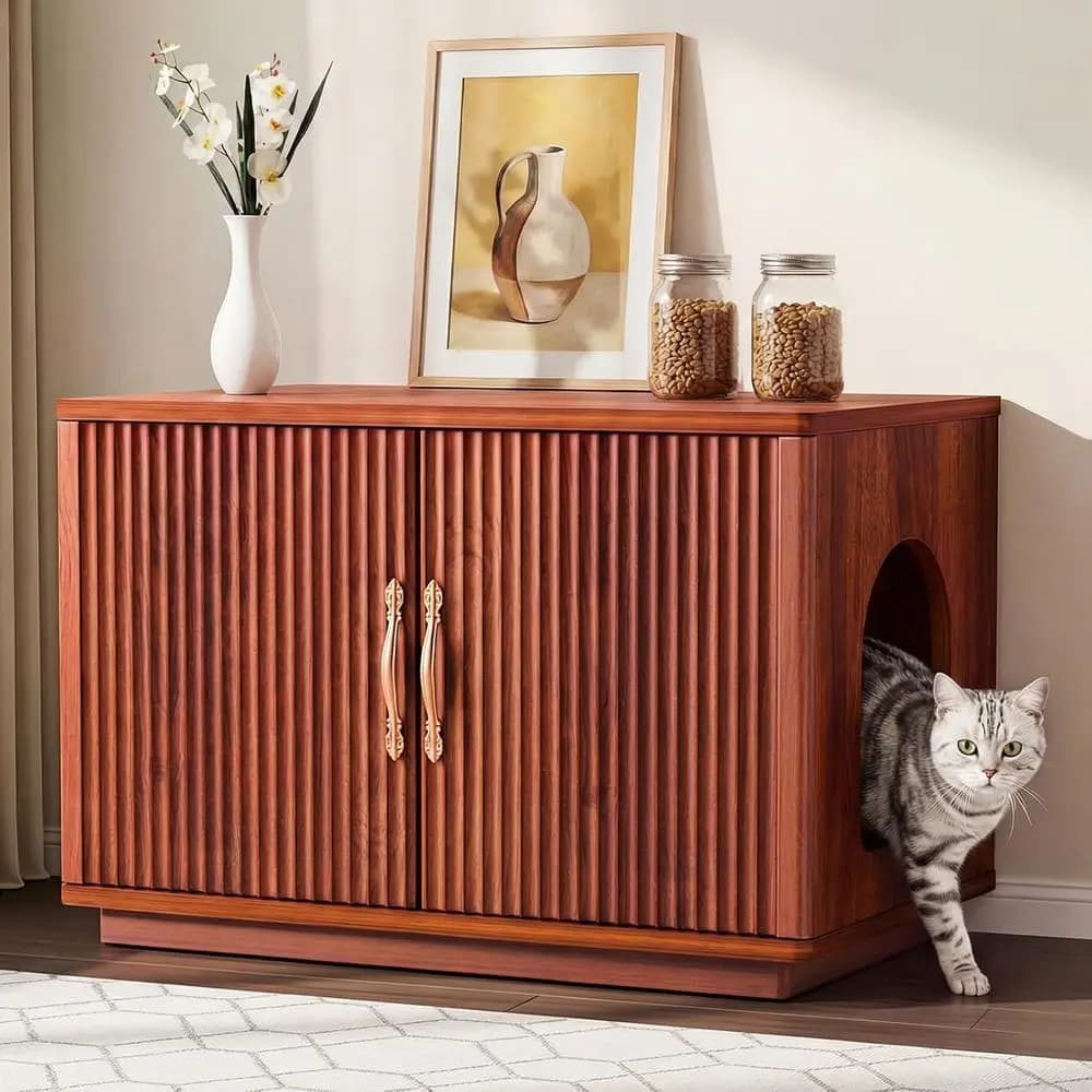 Large 31.5 Walnut Cat Litter Box Cabinet - Hidden Enclosure